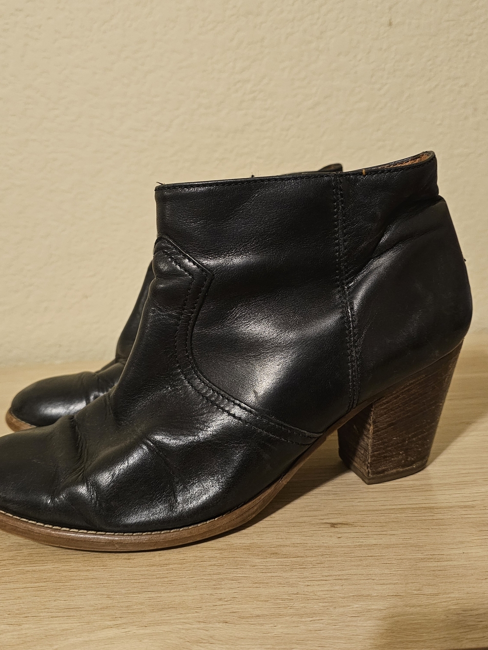 Madewell Black Leather Ankle Booties with Brown Stacked Heel - Picture 3 of 8